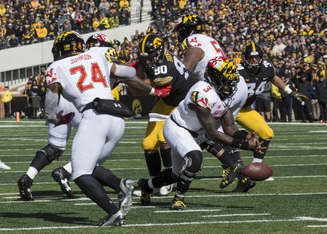 Terrapin Tyrrell Pigrome fumbles the ball during the Iowa vs. Maryland game at Kinnick stadium on Saturday Oct. 20, 2018. The Hawkeyes defeated the Terrapins 23-0.