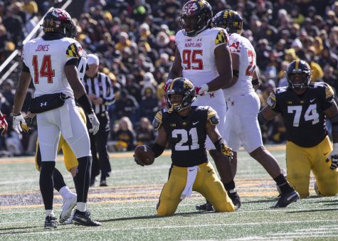 Ivory Kelly-Martin smiles after getting a first down during the Iowa vs. Maryland game at Kinnick stadium on Saturday Oct. 20, 2018. The Hawkeyes defeated the Terrapins 23-0. 
