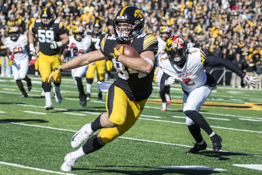 Iowa wide receiver Nick Easley navigates the defense during a football game between Iowa and Maryland in Kinnick Stadium on Saturday, October 20, 2018. The Hawkeyes defeated the Terrapins, 23-0. 