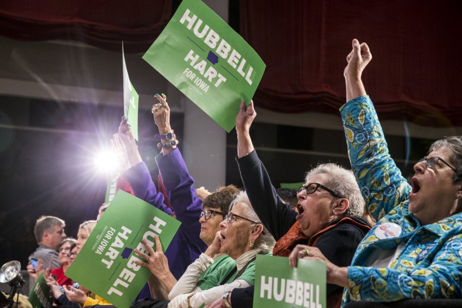 Supporters cheer during remarks by Democratic candidate for Governor Fred Hubbell at the Cedar Rapids Early Vote Rally at the Veterans Memorial Building in Cedar Rapids on Tuesday, October 30, 2018. The event featured remarks from Iowa Democratic Candidate for Governor Fred Hubbell, Iowa First Congressional District candidate Abby Finkenauer, and former Vice President Joe Biden.