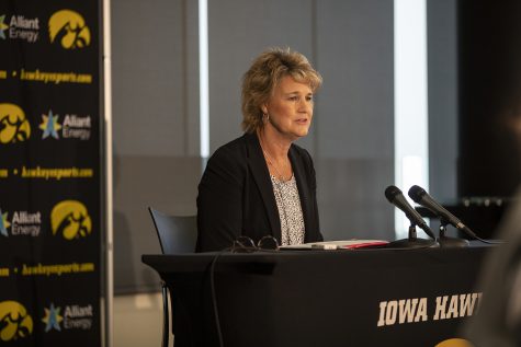 Head Coach Lisa Bluder addresses the press during the womens basketball media day at Carver-Hawkeye Arena on Wednesday Oct. 31, 2018. Bluder discussed the expected success of the team, as well as senior Megan Gustafson and various new freshman. 