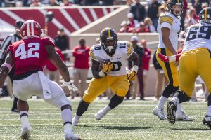 Iowa running back Mekhi Sargent carries the ball during Iowas game at Indiana at Memorial Stadium in Bloomington on Saturday, Oct. 13, 2018. The Hawkeyes beat the Hoosiers 42-16. 