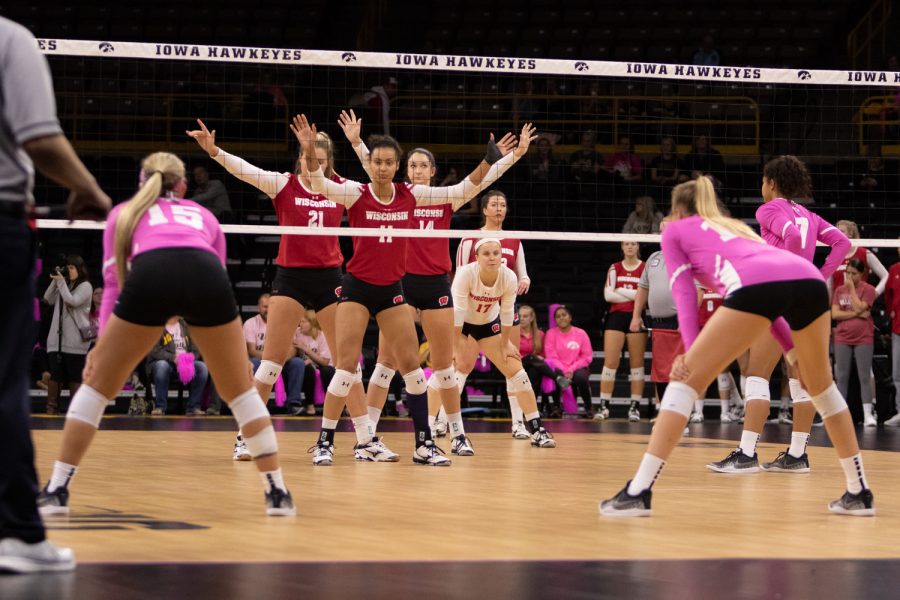 Wisconsin waits for Iowa's serve during a volleyball match on Saturday, Oct. 6, 2018. The Hawkeyes defeated the number six ranked Badgers 3-2. 