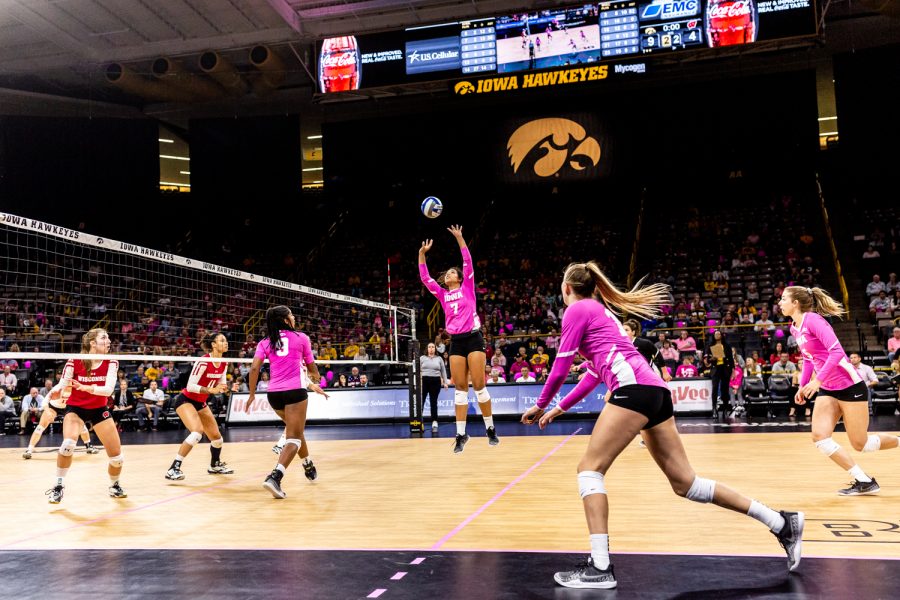 Iowa's Brie Orr sets the ball during a volleyball match against Wisconsin on Saturday, Oct. 6, 2018. The Hawkeyes defeated the number six ranked Badgers 3-2. 