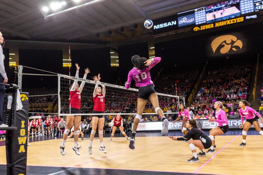 Iowa's Griere Hughes winds up for a spike during a volleyball match against Wisconsin on Saturday, Oct. 6, 2018. The Hawkeyes defeated the number six ranked Badgers 3-2. 