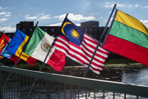 Over 100 flags are on display on the Iowa Memorial Union Pedestrian Bridge to recognize the international students on campus. 