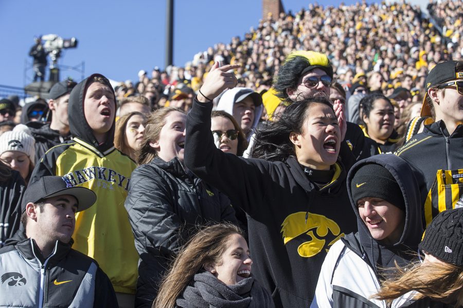 Fans spectate during the Iowa vs. Maryland game at Kinnick stadium on Saturday Oct. 20, 2018. 