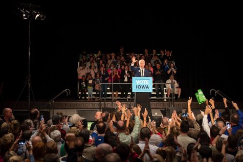 Joe Biden addresses the crowd during the Cedar Rapids Early Vote Rally at the Veterans Memorial Building on Tuesday. The event also featured speeches by 1st Congressional District Democratic candidate Abby Finkenauer and Democratic candidate for governor Fred Hubbell.