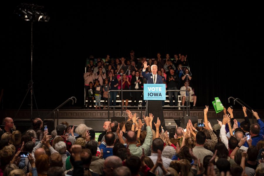 Joe+Biden+addresses+the+crowd+during+the+Cedar+Rapids+Early+Vote+Rally+at+the+Veterans+Memorial+Building+on+Tuesday.+The+event+also+featured+speeches+by+1st+Congressional+District+Democratic+candidate+Abby+Finkenauer+and+Democratic+candidate+for+governor+Fred+Hubbell.