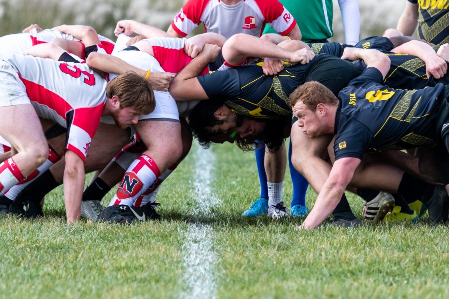 Players fight in the scrum during a rugby game between Iowa and Nebraska on Saturday, Oct. 27, 2018. The Hawkeyes rallied from a 15 point deficit to defeat the Huskers 17–15.