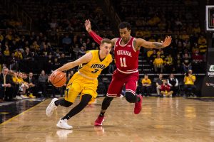 Iowa guard Jordan Bohannon drives the ball up court against Indiana University on Saturday, Feb. 17, 2018. At halftime, the Hawkeyes lead the Hoosiers 45 to 42. (David Harmantas/The Daily Iowan)