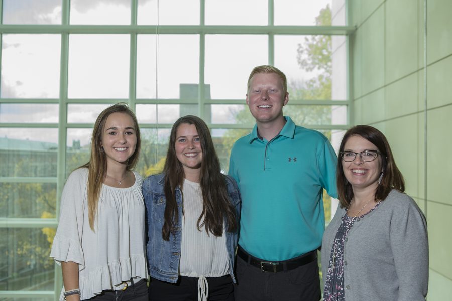 Peer advisors (from left) junior Magdalena Caro, senior Caden Crandall, senior Melanie Taylor, and Senior Director of Operations for the Pomeranz Career Center Angi McKie pose for a portrait in the Pomeranz Center on Oct. 9, 2018. The Pomeranz Career Center helps students work on their resumes, network within their fields, and plan a career path for after graduation. 