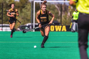 Iowa forward Maddy Murphy pushes the ball upfield during a field hockey match against Penn on Friday, Sep. 14, 2018. The Hawkeyes defeated the Quakers 3–0. (David Harmantas/The Daily Iowan)