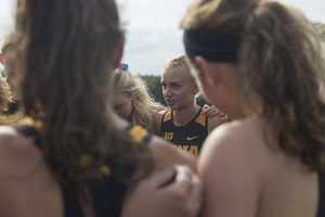 Senior Andrea Shine gives a pep talk before the Hawkeye Invitational at Ashton Cross Country course on Friday, August 31, 2018. The Hawkeyes were defeated by Iowa State 24-56. Andrea Shine placed first in the Womens 4K with a time of 14:07.5. 