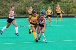 Iowas Mya Christopher fights for control of the ball during a game against Ball State on Sunday, Sep. 2, 2018. The Hawkeyes defeated the Cardinals 7–1. 