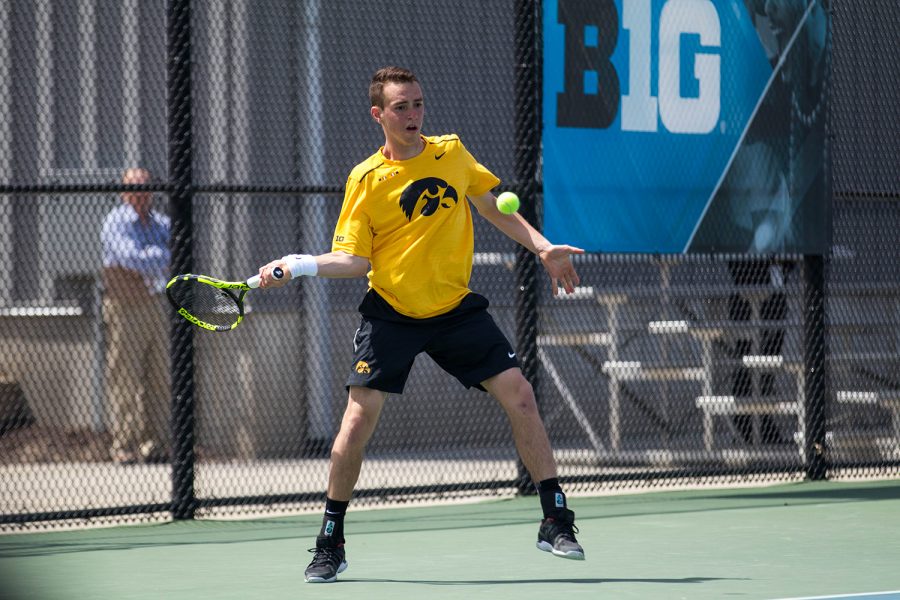 Kareem Allaf hits a forehand during the first round of the Mens Big Ten Tennis Tournament at the HTRC on April 26, 2018.
