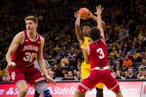 Iowa forward Tyler Cook looks to pass the ball against Indiana University at Carver-Hawkeye Arena on Saturday, Feb. 17, 2018. The Hoosiers defeated the Hawkeyes 84 to 82. 