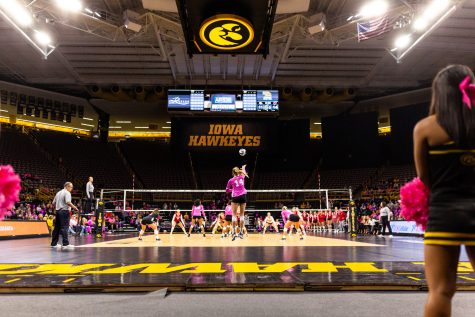 Iowas Cali Hoye serves the ball during a volleyball match against Wisconsin on Saturday, Oct. 6, 2018. The Hawkeyes defeated the number six ranked Badgers, 3-2.