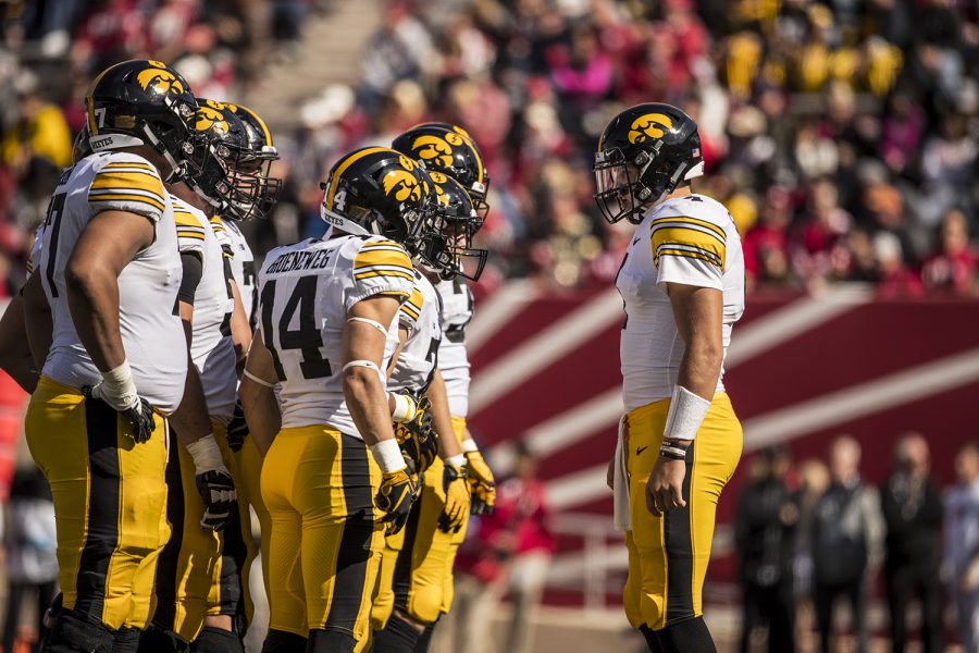 Iowa+quarterback+Nate+Stanley+calls+a+play+in+the+huddle+during+Iowas+game+against+Indiana+at+Memorial+Stadium+in+Bloomington+on+Saturday%2C+October+13%2C+2018.+The+Hawkeyes+defeated+the+Hoosiers+42-16.