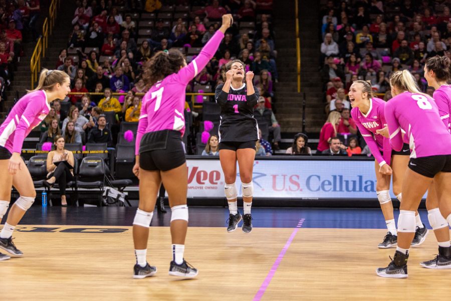 Iowas+Molly+Kelly+celebrates+after+Iowa+scores+during+a+volleyball+match+against+Wisconsin+on+Saturday%2C+Oct.+6%2C+2018.+The+Hawkeyes+defeated+the+number+six+ranked+Badgers+3-2.+