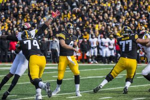 Iowa quarterback Nate Stanley throws a pass during the Iowa/Maryland homecoming football game at Kinnick Stadium on Saturday, Oct. 20, 2018. The Hawkeyes defeated the Terrapins, 23-0. 