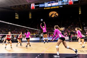 Iowas Brie Orr sets the ball during a volleyball match against Wisconsin on Saturday, Oct. 6, 2018. The Hawkeyes defeated the number six ranked Badgers 3-2. 