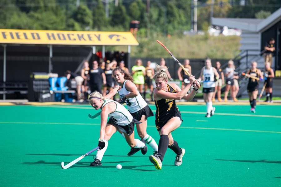Iowas Ellie Holley prepares a shot during a field hockey match between Iowa and Dartmouth College at Grant Field on Friday, August 31, 2018. The Hawkeyes shut out the Big Green, 6-0. 