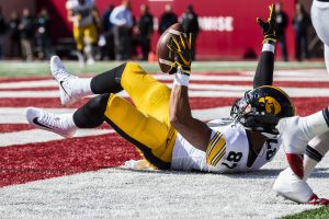 Iowa tight end Noah Fant catches a touchdown during Iowas game at Indiana at Memorial Stadium in Bloomington on Saturday, October 13, 2018. The Hawkeyes lead the Hoosiers 21-10 at the half. (Katina Zentz/The Daily Iowan)