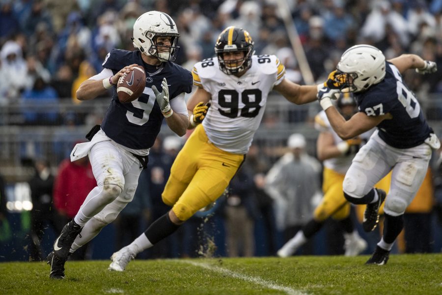 Penn State quarterback Trace McSorley rolls out of the pocket during Iowa's game against Penn State at Beaver Stadium on Saturday, October 27, 2018. The Nittany Lions defeated the Hawkeyes 30-24.