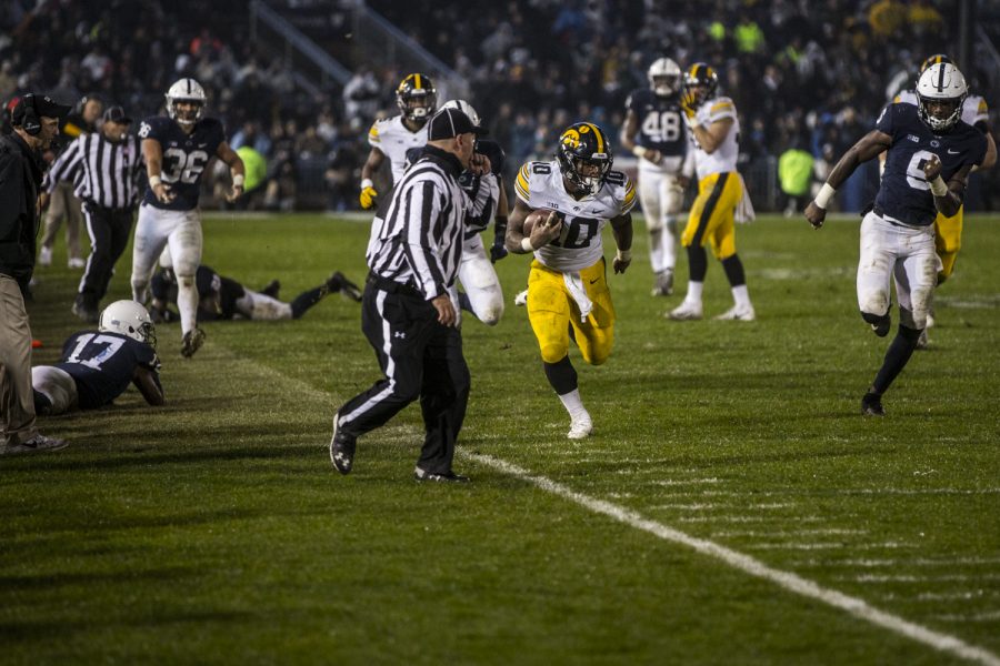 Iowa running back Mekhi Sargent carries the ball during Iowa's game against Penn State at Beaver Stadium on Saturday, October 27, 2018. The Nittany Lions defeated the Hawkeyes 30-24.