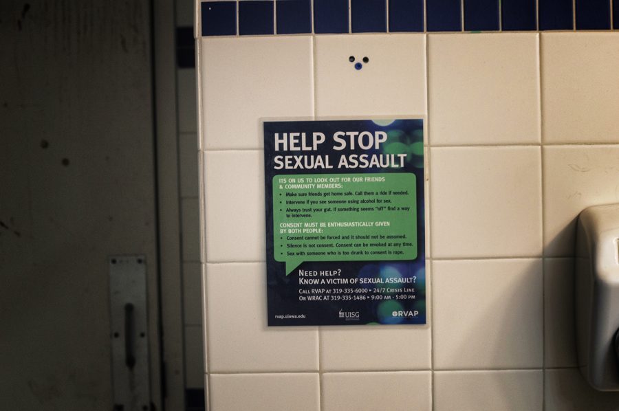 Signs say, Help Stop Sexual Assault in the bathrooms on Wednesday, Sept. 26, 2018. 