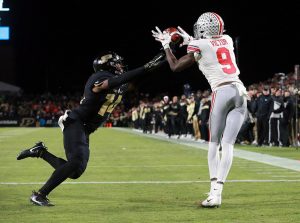 Ohio State wide receiver Binjimen Victor (9) fails to catch what would have been a touchdown pass in the second quarter against Purdue on Saturday, Oct. 20, 2018, at Ross-Ade Stadium in West Lafayette, Ind. (Brooke LaValley/Columbus Dispatch/TNS)