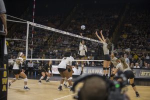 Senior Taylor Louis sends the ball over the net during Iowa volleyball against Purdue at Carver-Hawkeye Arena in Iowa City on Saturday, Oct. 13, 2018. Purdue defeated Iowa 3-2. 