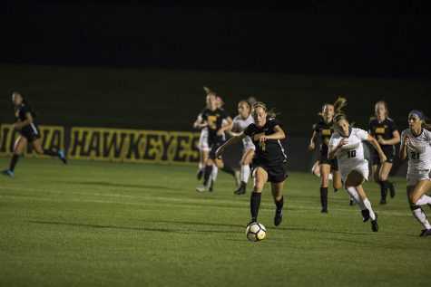 Freshman Skylar Alward dribbles the ball during the Iowa vs. Purdue soccer game on Sept. 20, 2018 at the Iowa Soccer Complex in Iowa City. Iowa tied Purdue 1-1 in overtime. 