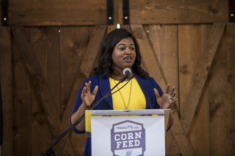 Democratic candidate for Secretary of State Deidre DeJear speaks during the Progress Iowa Corn Feed in Bondurant Iowa on Sunday, September 16, 2018.  The event featured a variety of local and national democratic politicians who spoke on how Democrats can work together leading up to the midterm elections.