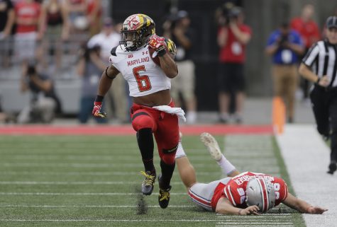 Maryland running back Ty Johnson (6) returns a kickoff 65 yards for a touchdown past Ohio State kicker Sean Nuernberger (96) at Ohio Stadium in Columbus, Ohio, on October 7, 2017. 