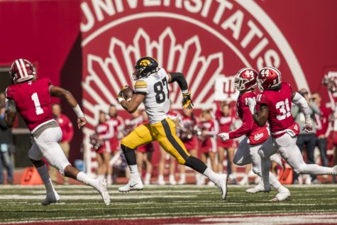 Iowa tight end Noah Fant runs after a catch during Iowas game against Indiana at Memorial Stadium in Bloomington on Saturday, October 13, 2018. The Hawkeyes defeated the Hoosiers 42-16.