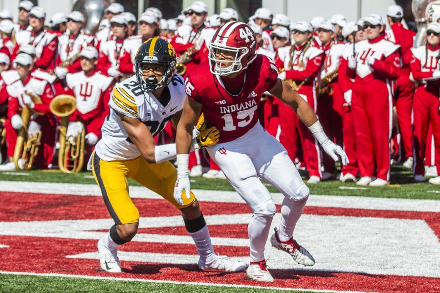Iowa+defensive+back+Julius+Brents+pushes+past+Indiana+wide+receiver+Nick+Westbrook+during+Iowas+game+at+Indiana+at+Memorial+Stadium+in+Bloomington+on+Saturday%2C+October+13%2C+2018.+The+Hawkeyes+beat+the+Hoosiers+42-16.