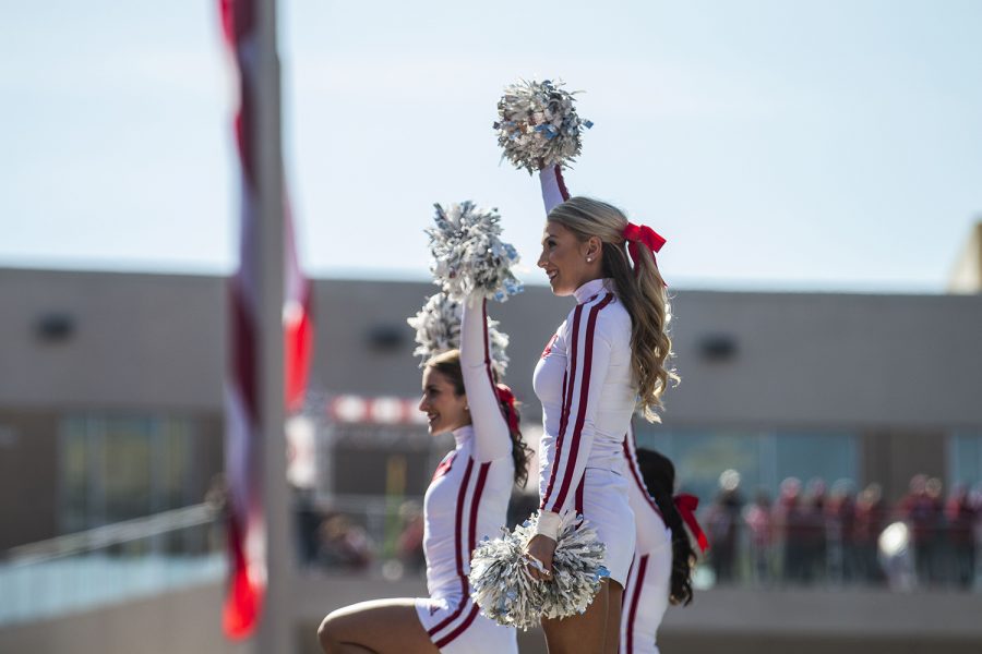 Indiana cheerleaders perform during Iowa's game at Indiana at Memorial Stadium in Bloomington on Saturday, October 13, 2018. The Hawkeyes beat the Hoosiers 42-16.