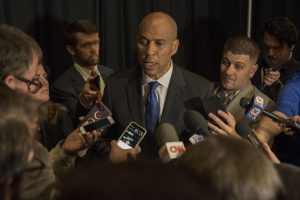 New Jersey Sen. Cory Booker talks with the media on Saturday, October 6, 2018. He was the key note speaker at this years Democratic Fall Gala. 