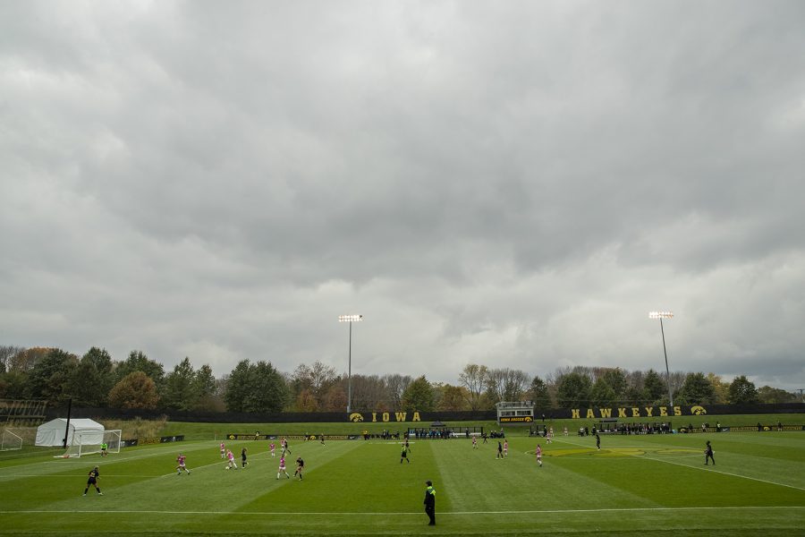 Iowa defends a counter during Iowas game against Michigan at The Hawkeye Soccer Complex on Sunday, October 14, 2018. The Hawkeyes defeated the Wolverines 1-0.