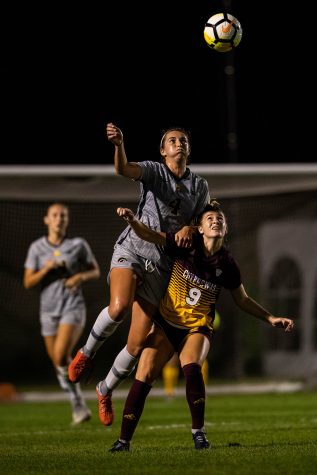 Iowa forward Kaleigh Haus wins a header during Iowas game against Central Michigan on Friday, Aug. 31, 2018. 