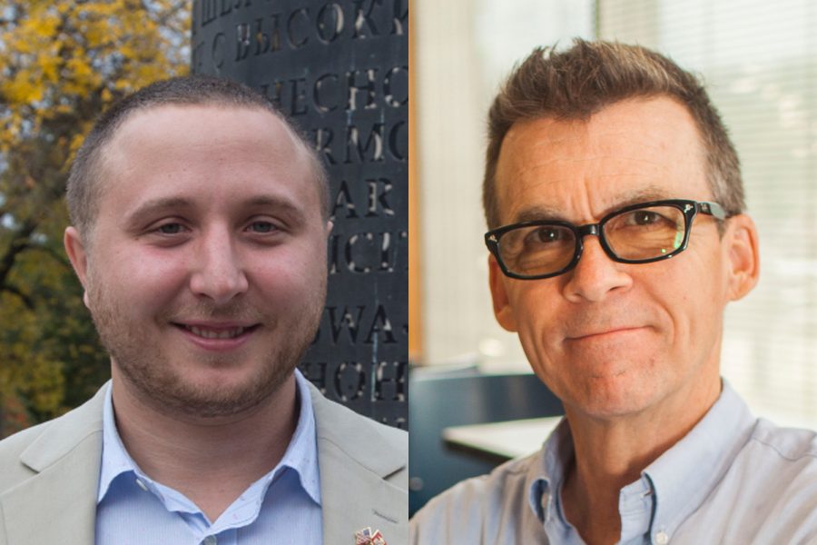Republican Patrick Wronkiewicz (left) is a UI student running against Democratic incumbent Joe Bolkcom (right) for Iowa's 37th state Senate district.