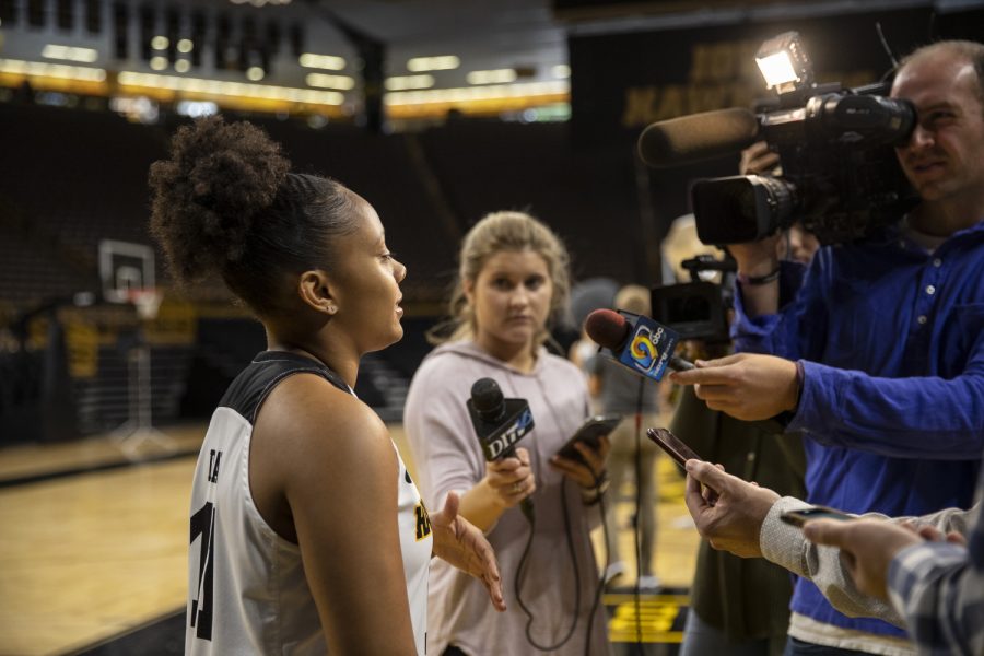 Senior Tania Davis addresses the media during the women's basketball media day at Carver-Hawkeye Arena on Wednesday, Oct. 31, 2018. The Hawkeyes open their season on Nov. 6 against Dakota Wesleyan.