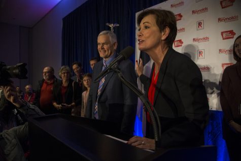 Governor Kim Reynolds addresses her supporters at the Hilton in Des Moines on Wednesday, November 7, 2018. Reynolds defeated her opponent, Democratic candidate Fred Hubbell 50.19% to 47.61% with 92 counties reporting in an unofficial total.