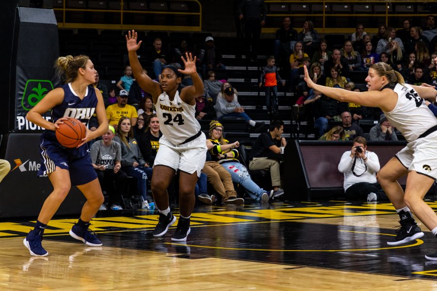 Iowa guard Zion Sanders #24 closes down on an opposing player during a womens basketball game against Oral Roberts University on Friday, Nov. 9, 2018. The Hawkeyes defeated the Golden Eagles 90-77. (David Harmantas/The Daily Iowan)