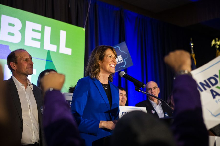 Cindy Axne, newly elected to represent Iowa's 3rd Congressional District, speaks to supporters during the statewide Democratic candidates' watch party at Embassy Suites in Des Moines on Wednesday, Nov. 6, 2018.