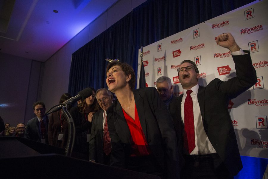 Gov. Kim Reynolds and Lt. Gov. Adam Gregg wave at the crowd at the Hilton in Des Moines on Wednesday, Nov. 7, 2018. Reynolds defeated her opponent, Democratic candidate Fred Hubbell in the race for Iowa governor.