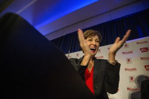 Gov. Kim Reynolds addresses her supporters at the Hilton in Des Moines on Wednesday, Nov. 7, 2018. Reynolds defeated her opponent, Democratic candidate Fred Hubbell on Tuesday.