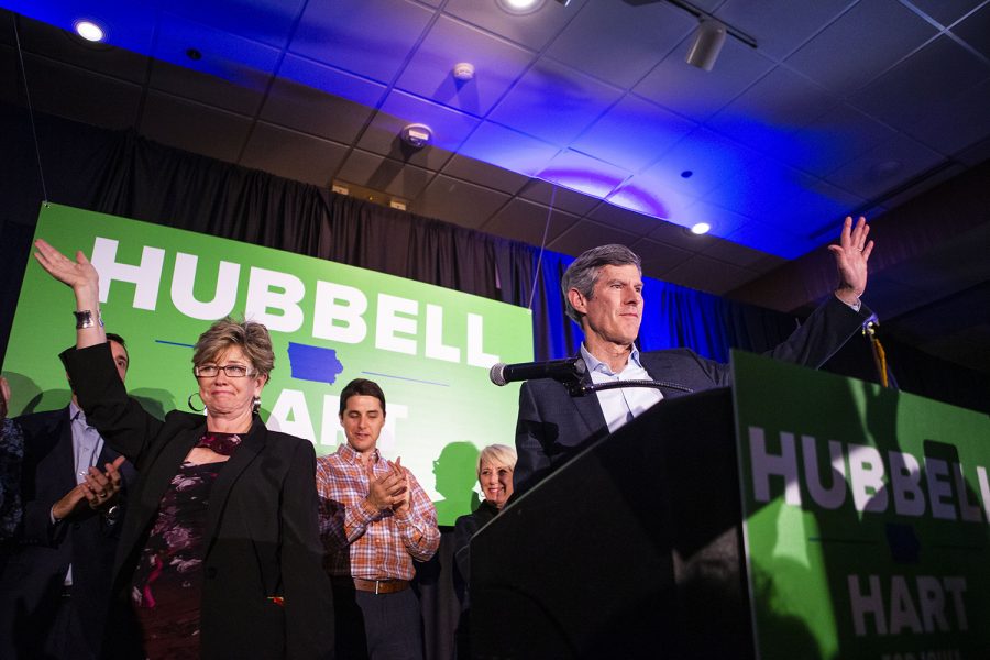 Former Democratic candidate for Iowa governor Fred Hubbell greets supporters with his wife Charlotte during the statewide Democratic candidates' watch party at Embassy Suites in Des Moines on Wednesday, Nov. 7, 2018. (Lily Smith/The Daily Iowan)